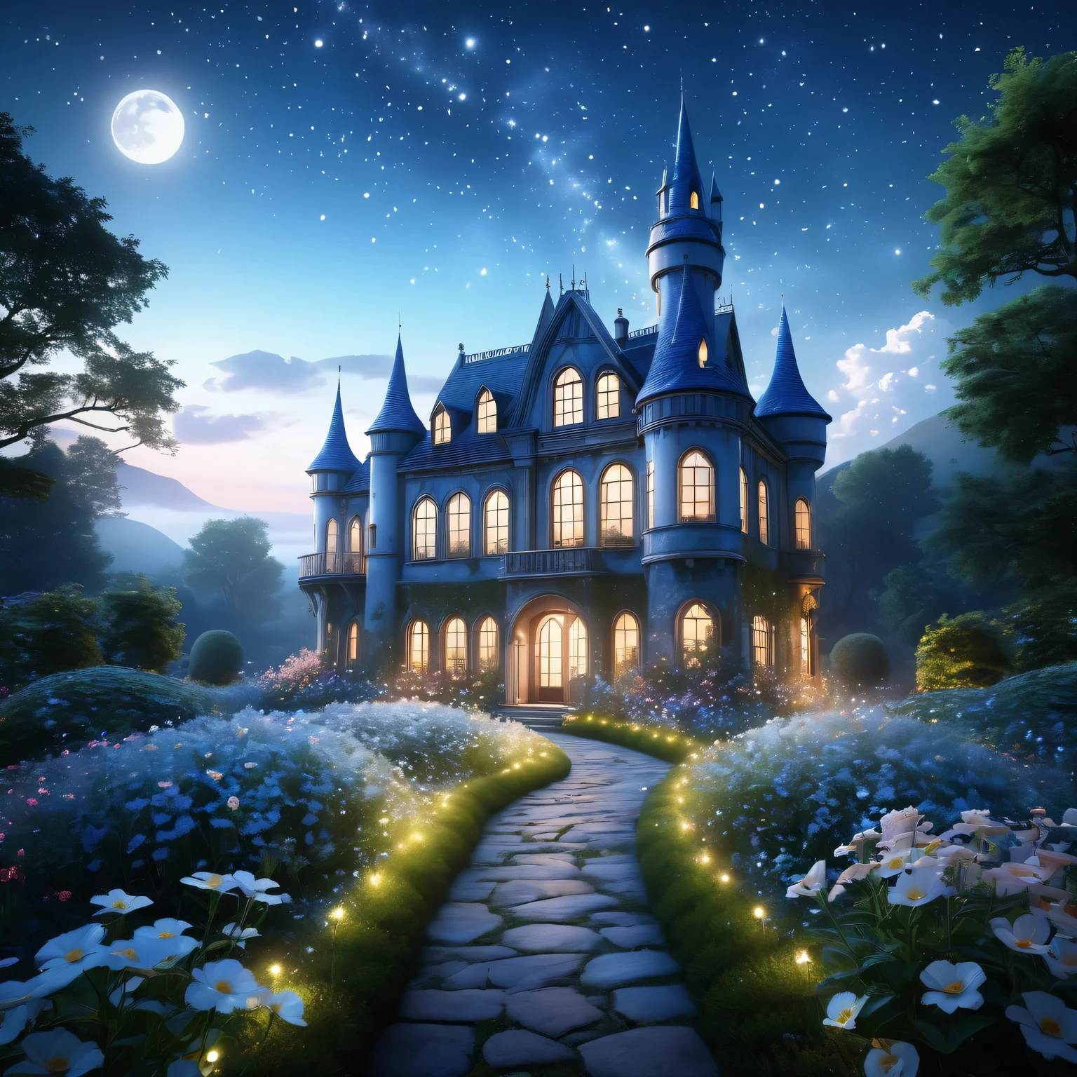 (best quality,4k,8k,highres,masterpiece:1.2),ultra-detailed,(realistic,photorealistic,photo-realistic:1.37)，Dreamy，glass castle，Twinkle Stars，Soft moonlight，Extensive garden，iridescent flowers，Ethereal music，peaceful tranquility，Magic of Heaven，Whispering Wind，Charming charm，Imagine it，Awesome beauty，Seemingly infinite，Romantic Serenade