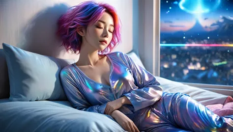 (best quality,8k,ultra-detailed:1.2),(CG,CG art,3D rendering),(masterpiece:1.2),（blue pajamas），(movie lighting,futuristic),(woma...