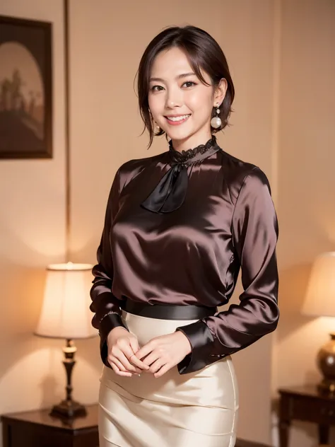 （RAW Photos：1.2）、 (Realistic:1.4),（D cup breasts）,Thick legs、alone、(silk_blouse:1.5),(Pencil Skirt:1.4),(Pearl_Earrings:1.3),Jewelry Necklace Short Hair,black eye、（Dimly lit hotel room：1.8）、（Looking at the audience：1.2）、Beautiful Japanese Women, Very detai...