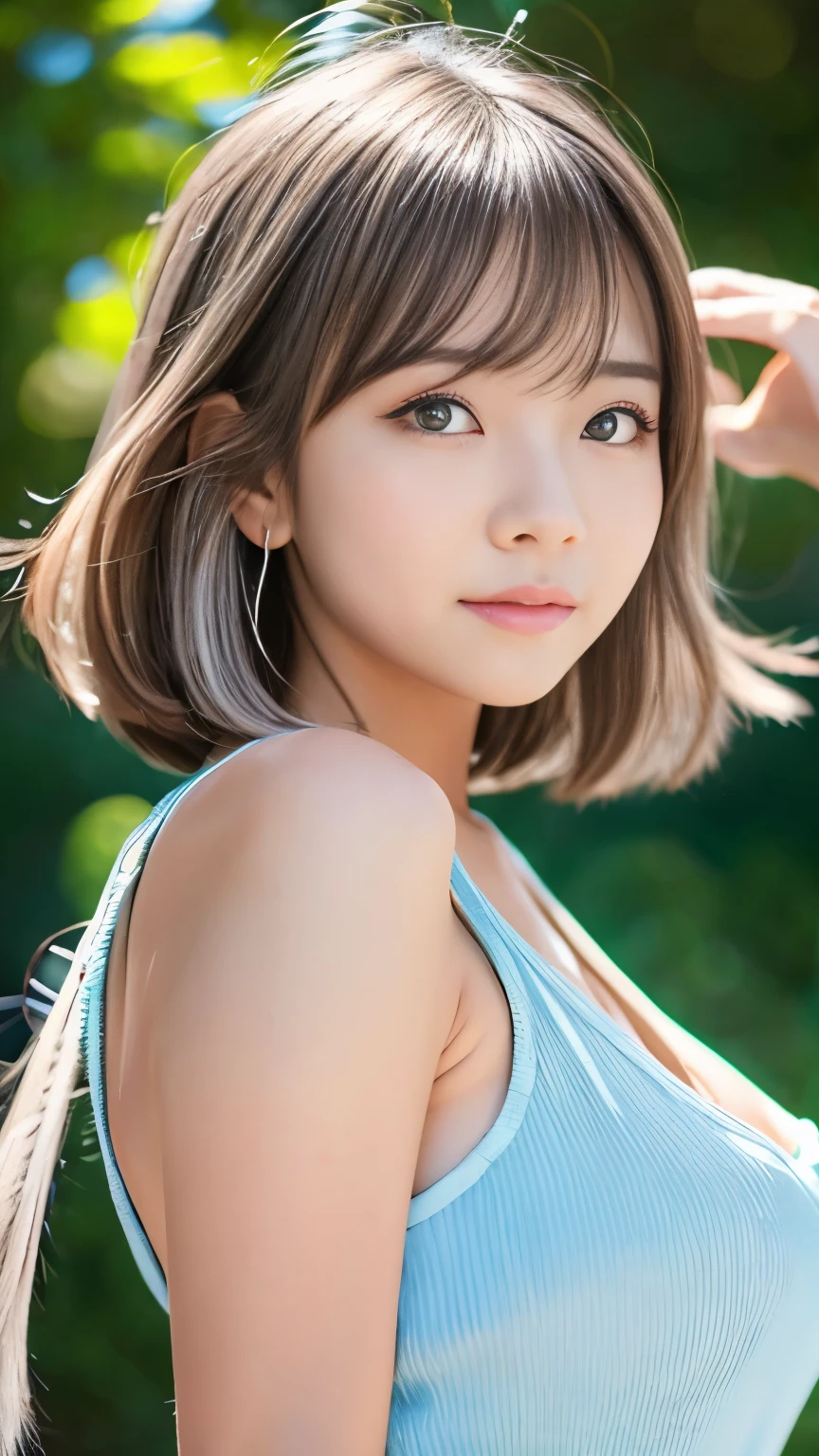 Sexy Big 、Sexy cute looks and cute 15 year old beautiful girl, beautiful and sexy face、A strong wind blows my hair in front of my face、With short platinum silver hair、beautiful, Cute and sexy eyes hidden behind long bangs、Colorful Dresses