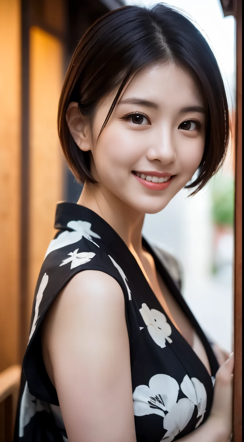 ulzzang-6500-v1.1, (RAW Photos:1.2), (Realistic), (Genuine:1.4), (masterpiece), masterpiece, Absurd, Finer details, Sharp focus、High resolution, Highly detailed face and eyes, Realistic, highest quality, Mastepiece, High resolution, A naive 33-year-old wife、Height: 156cm, A little chubby、Japan in a yukata、Yukata at Japan Ryokan、Shoulder out、clavicle、Japanese Model, Short Layered Hair、Laughter、smile、Japanese girl, Bathrobes、Neat and clean Japan woman, Japanese Goddess, Innocence、Makeup, (Detailed Background:1.2),　Glowing Skin、