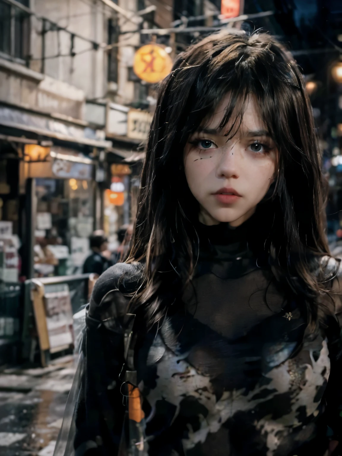 A woman cosplaying as hero  in a hyper-realistic female version, Sexy heroine costume, hero trage from the avengers. she stands facing a dark street at night wearing a hero outfit. She's standing in front, dark street raining, dark, street, raining, night, cold, cold colors at night. Masterpiece, Cosplay, Cinematic Effect, Cinematic Style, 8k, Best Quality, Real Textured Skin, Realistic Textured Clothing, Realistic Textured Hair. Blurred background f1.2. Masterpiece. 