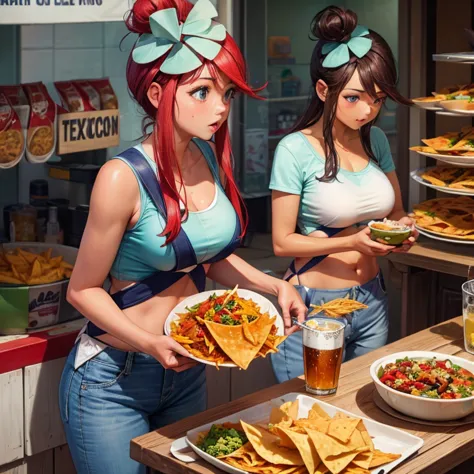 mexican woman eating tacos, mexican food stall tortillas and nachos　tight tank top and slim jeans　highest quality　tequila and co...