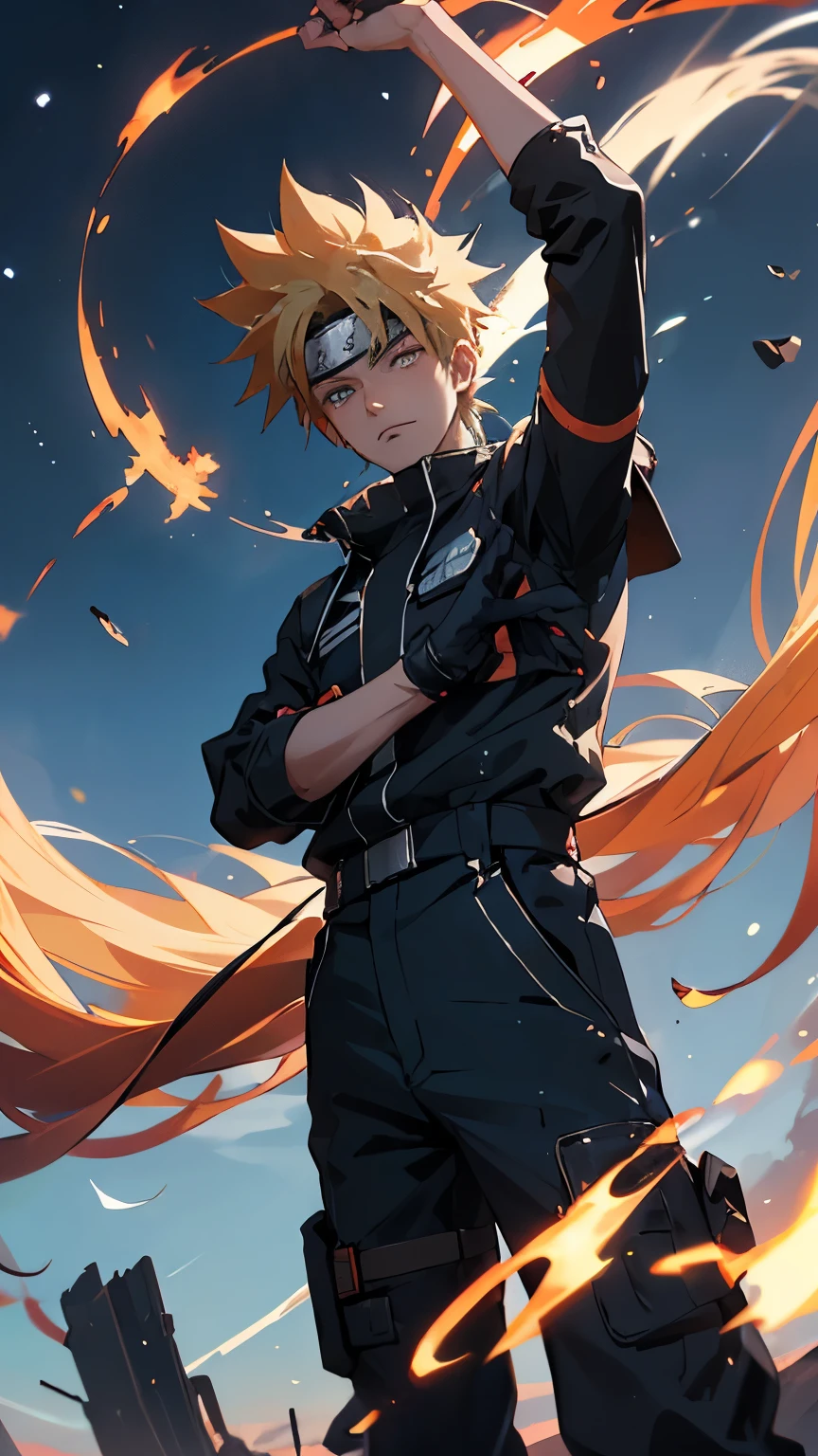 Naruto se tient debout, son regard fixé sur l&#39;étendue du ciel bleu vif au-dessus. Sa combinaison orange vif contraste avec le décor serein tandis que des volutes de nuages dérivent paresseusement dans le ciel.. Avec un sentiment de détermination dans les yeux et une douce brise ébouriffant ses cheveux blonds hérissés., il prend un moment pour réfléchir, ressentir un lien profond avec l&#39;immensité du monde qui l&#39;entoure.
