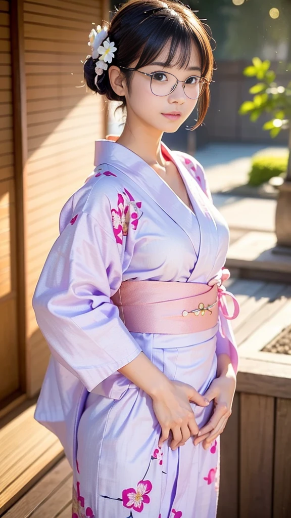 (masterpiece, highest quality:1.4), Beautiful Face, 8k, 85mm, Absurd, (Floral Yukata:1.1), Face close-up, violet, Gardenia, Delicate girl, alone, night, View your viewers, Upper Body, Film Grain, chromatic aberration, Sharp focus, Face Light, Professional Lighting, Sophisticated, (smile:0.4), (Simple Background, Bokeh Background:1.2), detailed aspects,(Show one breast:1.2)((Very young and immature & Very few & Very flat chest:1.2),(Pink fashion glasses,1),(Showing anus from behind:1),(hour々々Anal licking:1),(((She takes off her yukata and shows off her shaved pussy:1.2))),