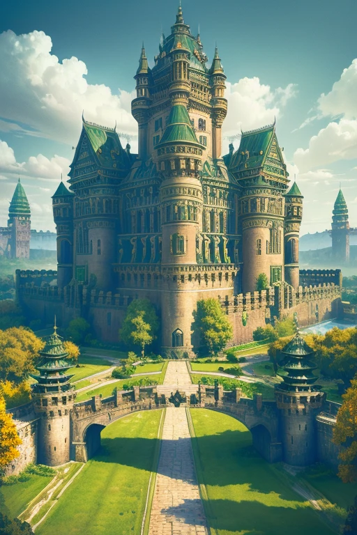 A Germanic castle, high on a broad plateau, with majestic and finely crafted towers in neo-Gothic style, white walls and details in gleaming green and gold, gate with drawbridge, surrounded by a moat, a large internal garden with colorful flowers, sky clear with few clouds, dynamic front view from a high angle,