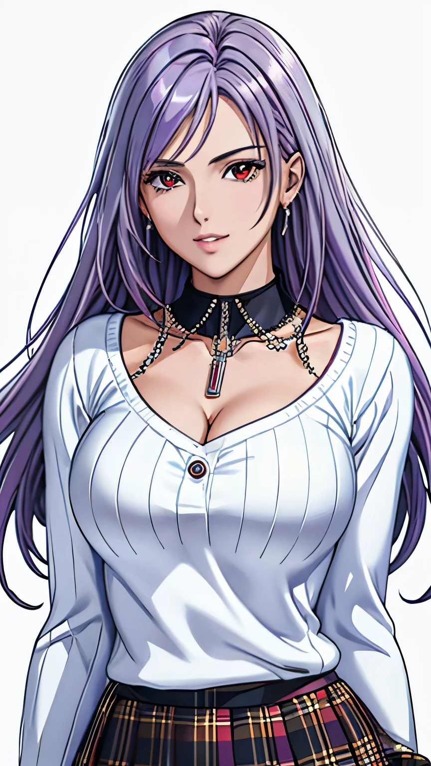 red eyes, (highest quality, masterpiece painting:1.3), immature woman, 16 years old, (half body shot), masterpiece, ultra high resolution, (Photoreal:1.0), ((light purple hair)),straight hair, beautiful shining hair, white and shining skin, ((Ultra realistic details)), octane rendering, highly detailed face, (big breasts:0.8), (make a heart with hands), ((White sweater, Long sleeve, Black skirt, plaid skirts, Fashionable, 1 handbag, 1 diamond necklace)), open neckline, cleavage, perfect body, soft skin, White cherry blossom embroidery pattern, silver earrings, (pure white background:1.4), sharp focus, intricate details, professional artwork, (bright colors:1.1), bright colors, diffused lighting, digital blending, ultra-definition body, ultra detail hair, super detailed face, trending on pixiv, top button open, Cute gaze, compensate, perfect lips, perfect compensate, Ultra-precision coating, (light_smile:0.8), 