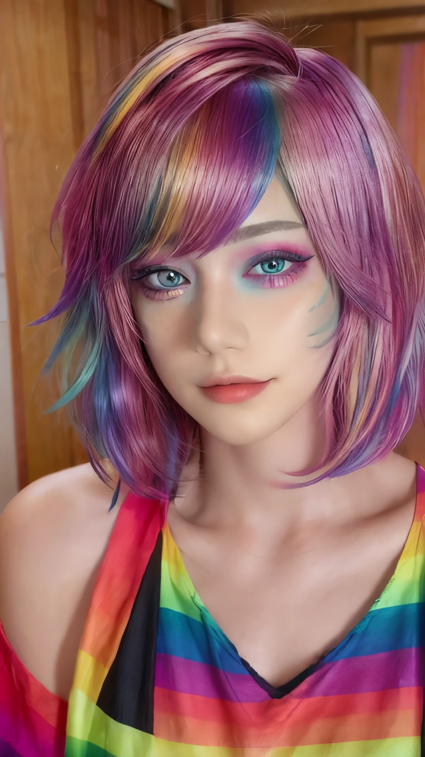 One girl, alone,Long sides、short and disheveled hair, short hair, eye shadow, mascara, color: spectrum, vivid colors, Rainbow Hair , bright Rainbow Hair, Perfect Eyes, Fine grain,indoor  , Very detailed, cute, Full Body Shot, smile,The chest is visible