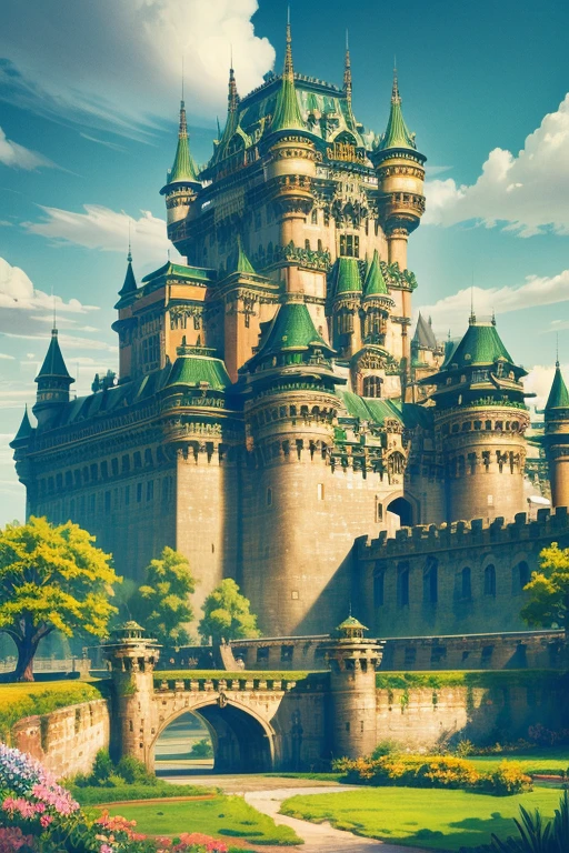 A Germanic castle, high on a broad plateau, with majestic and finely crafted towers in neo-Gothic style, white walls and details in gleaming green and gold, gate with drawbridge, surrounded by a moat, a large internal garden with colorful flowers, sky clear with few clouds, wide frontal dynamic aerial view,