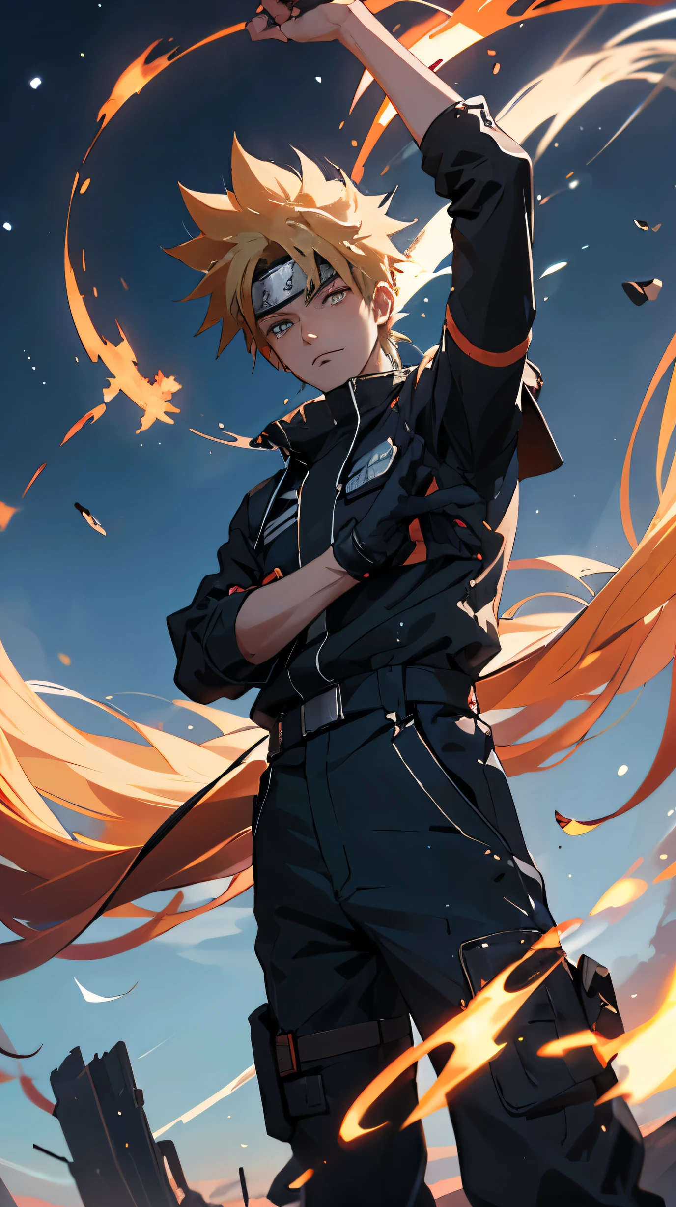 Naruto stands tall, sein Blick war auf die Weite des strahlend blauen Himmels gerichtet. Sein leuchtend orangefarbener Overall bildet einen Kontrast zur ruhigen Kulisse, während Wolkenfetzen träge über den Himmel ziehen. Mit einem Gefühl der Entschlossenheit in seinen Augen und einer sanften Brise, die sein stacheliges blondes Haar zerzaust, er nimmt sich einen Moment Zeit zum Nachdenken, eine tiefe Verbundenheit mit der Weite der Welt um ihn herum spüren.