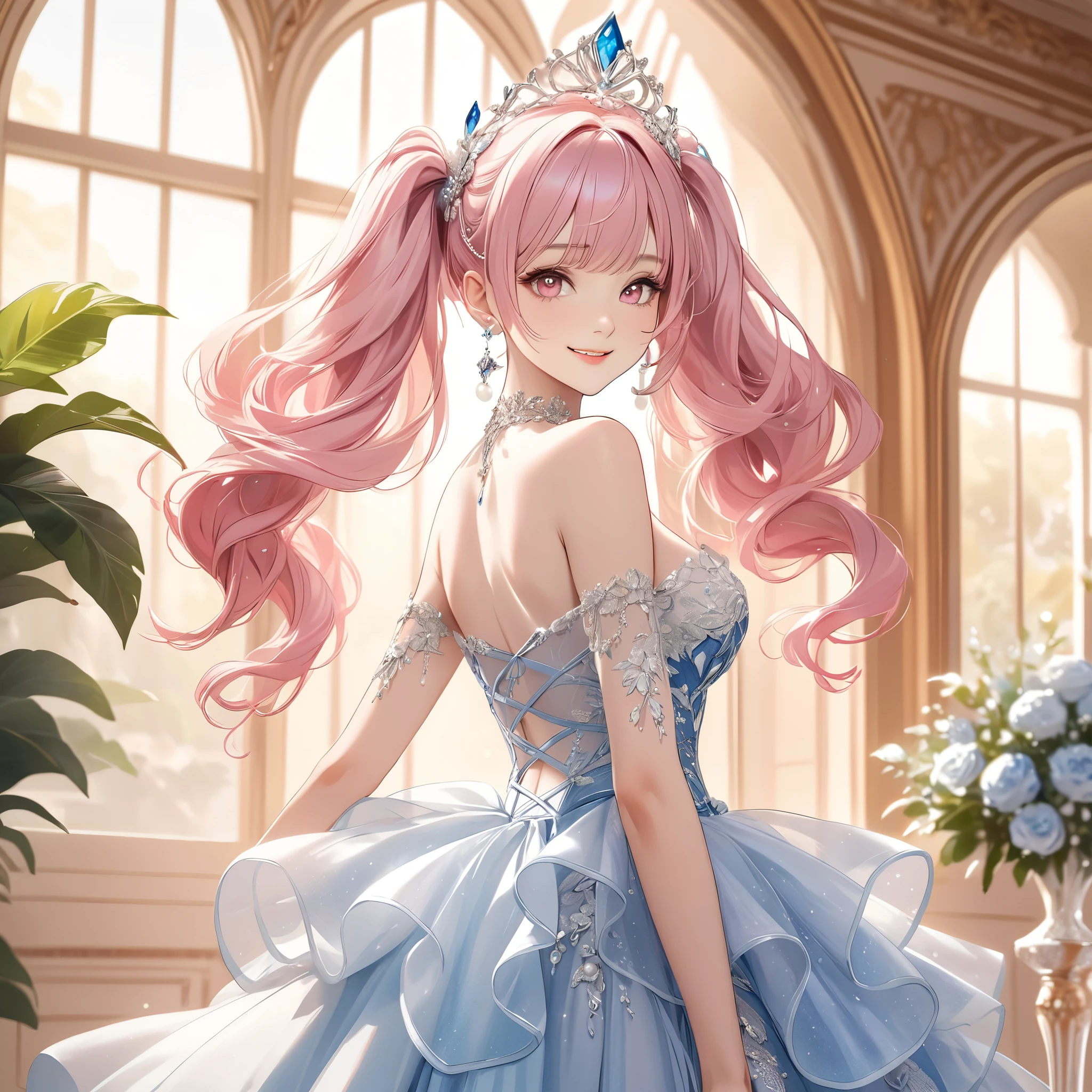 (8K, masutepiece, Highest Quality, Best Quality, Official art, Breathtaking beauty and aesthetics, A highly detailed, The best masterpiece in history that exceeds limits, Breathtaking and beautiful lighting:1.2), (1 Beautiful Girl, Solo), (16 years old), (Beautiful detailed face), (shiny white skin), (Beautiful big bust, cleavage:1.3), (Beautiful detailed pink twintails hair, Bangs:1.3), (beautiful detailed adolable drooing pink eyes:1.3), (Beautiful Luxurious blue Princess Dresses, See-through intricate lace, black cute bow ribbon, a lot of see-through frill, sheer chiffon material, silver thread, Diamond, pearl, corset), (Beautiful Luxurious Diamonds Tiara), (happy smile, Beautiful smile, Gentle smile, cute smile, innocent smile like an angel:1.2), breathtaking scenery, Attractive, amazing, Beautiful, Elegant, Luxurious, magnifica, Eye-catching, the ultimate beauty, Supreme Beauty, Superlative beauty, Elegant, Beauty, Graceful, Everyone loves it, Beauty that fascinates everyone, Healed, The highest level of complete beauty, cute like an idol, Stylish like a fashion model, Goddess-like grace, Be loved, adolable, Look at the camera, cute pose, Happy, looking back, (ultra detailed realistic Breathtakingly beautiful Luxurious room:1.2), (Sparkling pearl effect:1.5),