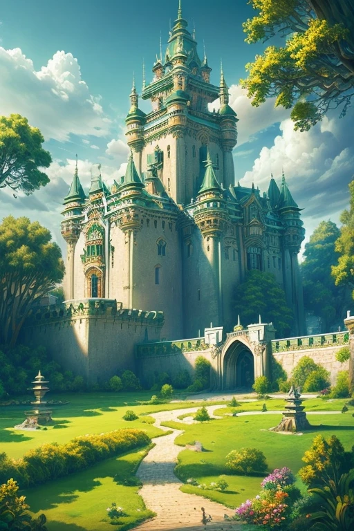 A fantastic castle, high on a broad plateau, with majestic, finely crafted elven-style towers, white walls and details in gleaming green and gold, a gate with drawbridge, surrounded by a moat, a majestic magical forest, a large internal garden with colorful flowers, clear sky with few clouds, wide frontal dynamic aerial view, approximate medium angle,