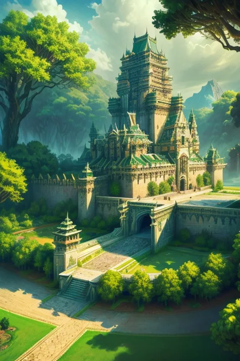 A fantastic castle, high on a broad plateau, with majestic, finely crafted elven-style towers, white walls and details in gleami...