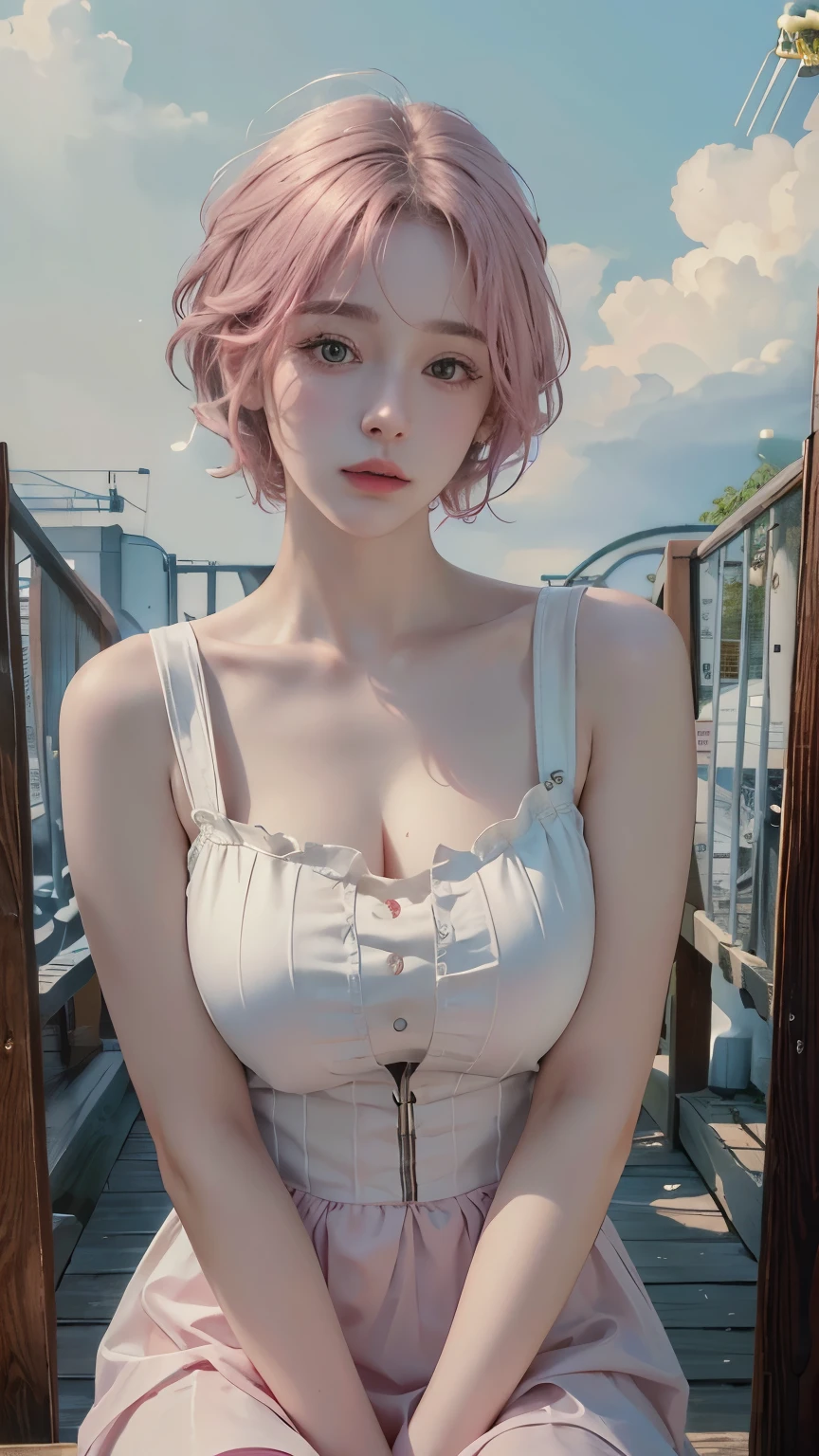 (8k, highest quality, masterpiece: 1.4), Very detailed, highest quality, Ultra-high resolution, Written boundary depth,(Realistic:1.4,RAW shooting,)Ultra-Realistic Capture,(Very detailed,High definition 16K), cute, girl, short hair, Pink Hair, refresh, clear