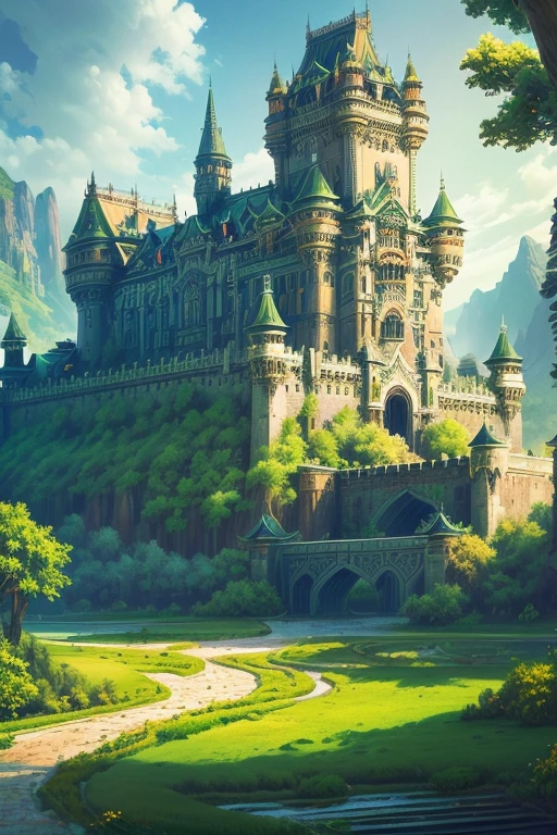 A fantastic castle, high on a broad plateau, with majestic, finely crafted elven-style towers, white walls and details in gleaming green and gold, a gate with drawbridge, surrounded by a moat, a majestic magical forest, a large internal garden with colorful flowers, clear sky with few clouds, wide frontal dynamic aerial view, approximate medium angle,