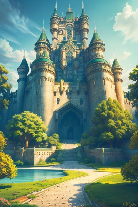 A fantastic castle, high on a broad plateau, with majestic, finely crafted elven-style towers, white walls and details in gleami...