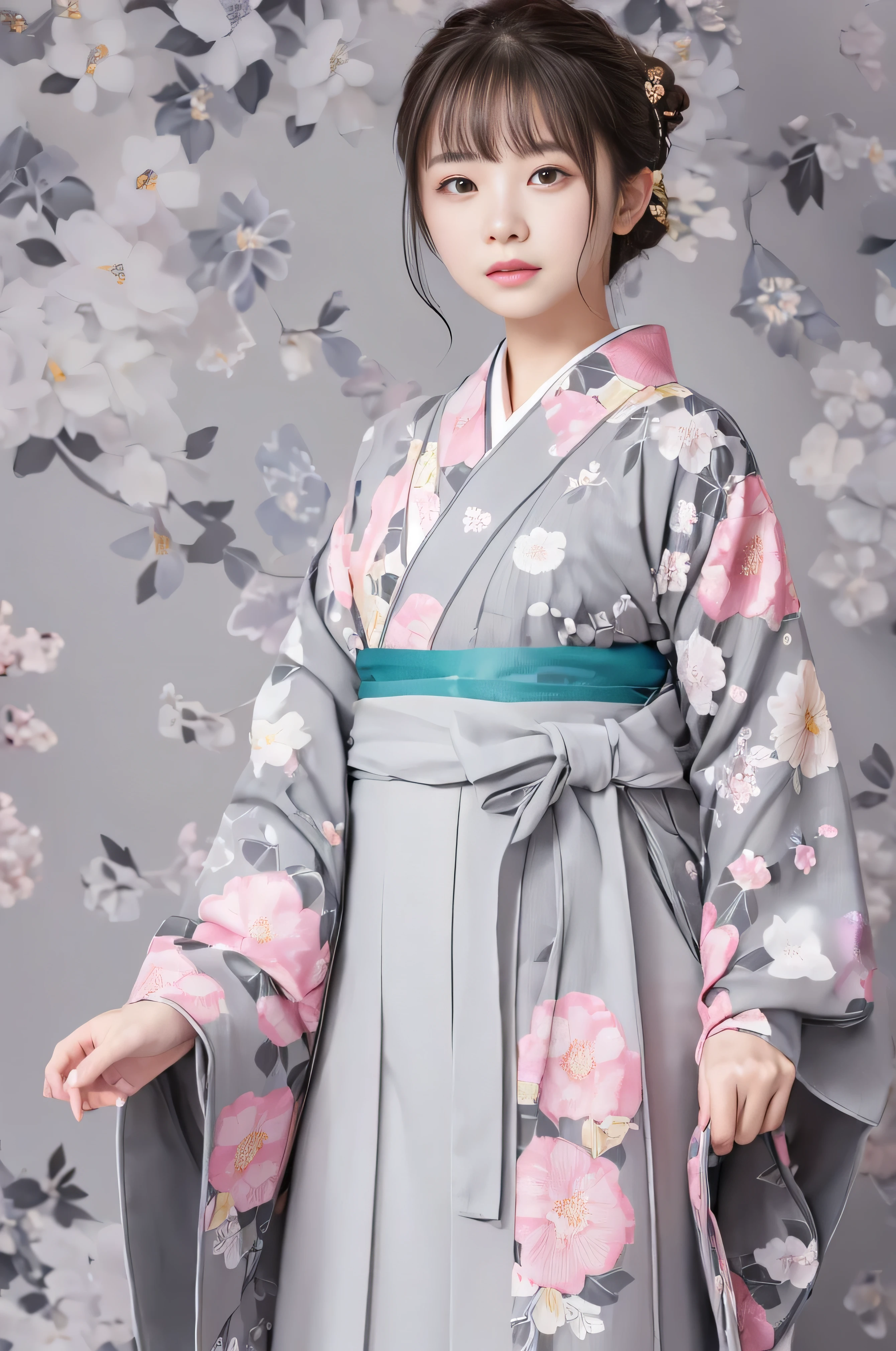 (((gray floral background:1.3)))、highest quality, Tabletop, High resolution, (((One Girl))), 16 years old,(((Eyes are grey:1.3)))、Gray kimono、((Beautiful Gray Kimono)), Tyndall effect, Realistic, Shadow Studio,Ultramarine Lighting, Dual Tone Lighting, (High Definition Skins: 1.2)、Pale colored lighting、Dim lighting、 Digital SLR, photograph, High resolution, 4K, 8k, Background Blur,Fade out beautifully、Pink flower world