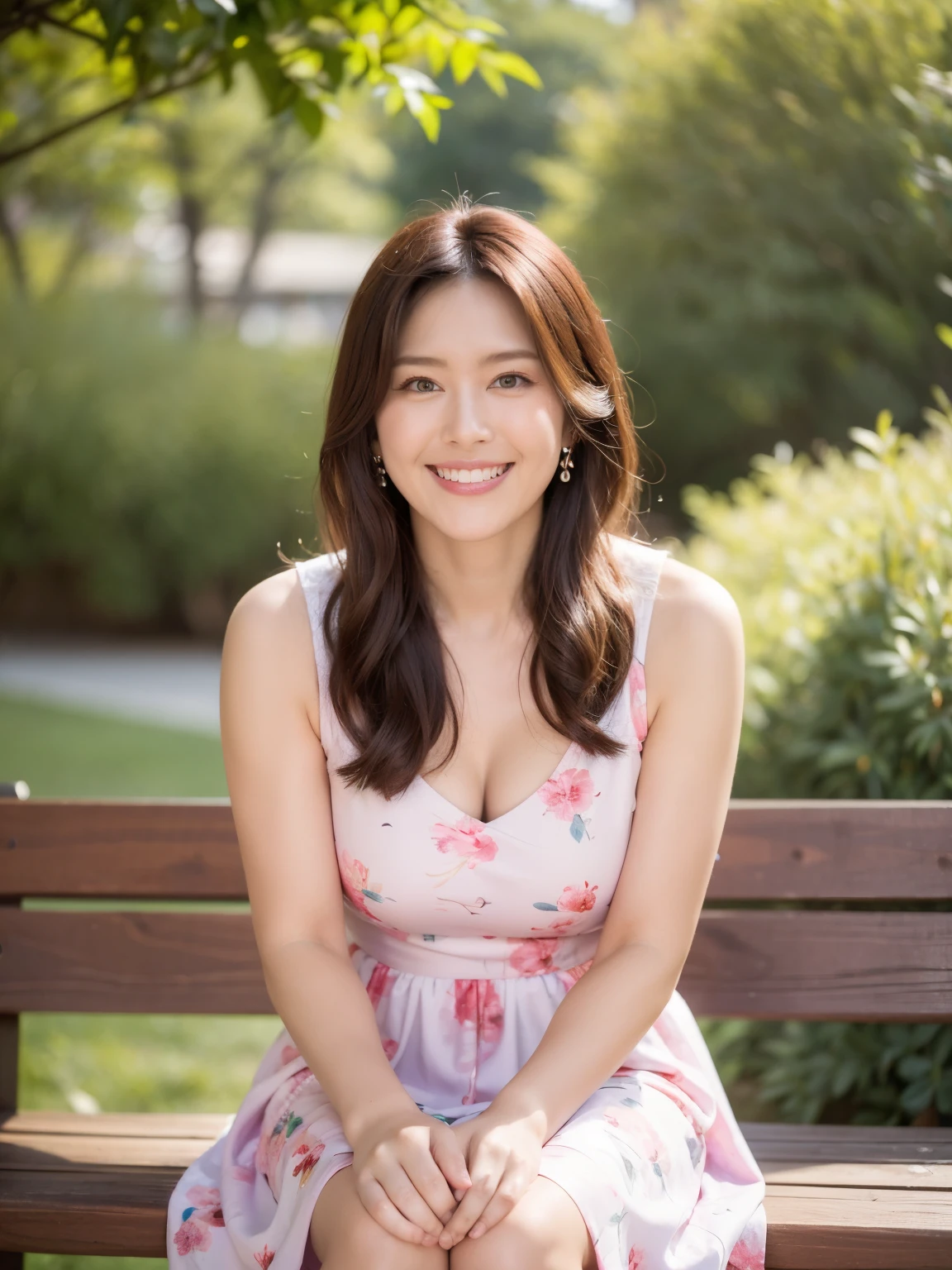 最high quality, In 8K, Masseter muscle area, Vibrant, Sharp focus, high quality, High resolution, Detailed face, Detailed eyes, Thick lips, (Looking at the audience), alone, Beautiful woman, 38 years old, plum, Short black hair, Cleavage, Brightly colored patterned dress, afternoon、In front of the garden in the park,Sit with your feet together on the bench：1.5、（smile:1.5）、（Pink dress with a detailed floral pattern）