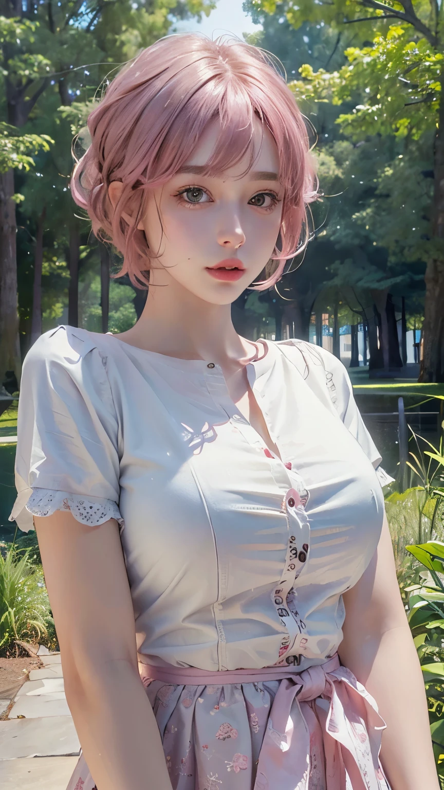 (8k, highest quality, masterpiece: 1.4), Very detailed, highest quality, Ultra-high resolution, Written boundary depth,(Realistic:1.4,RAW shooting,)Ultra-Realistic Capture,(Very detailed,High definition 16K), cute, girl, short hair, Pink Hair, refresh, clear