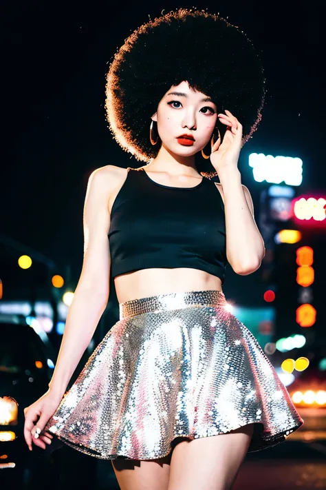 (Cinematic Aesthetic:1.4) Photo of a beautiful korean fashion model bokeh city night with round disco afro wig, crop top, mini s...