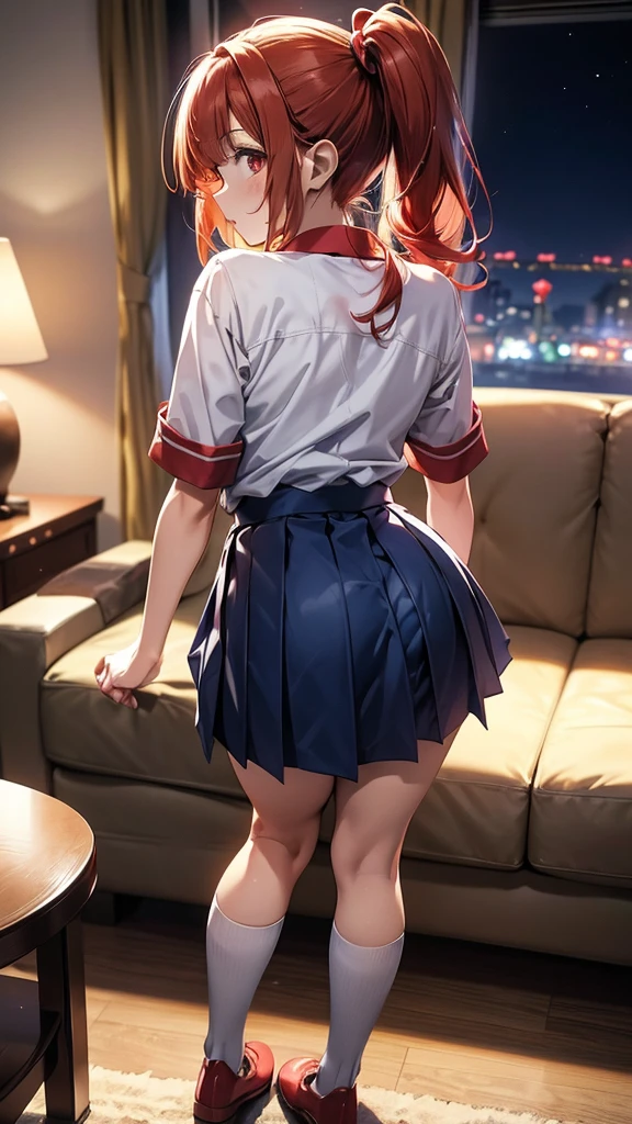 ore no imouto ga konna ni kawaii wake ga nai, 25-yers-old girl with crimson red hair- pulled up into twin ponytails, wearing a blue sailor suit and pleated skirt, long thigh length socks, living room at night background, back turned, 