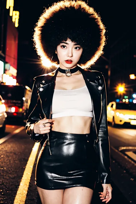 (Cinematic Aesthetic:1.4) Photo of a beautiful korean fashion model bokeh city night with round disco afro wig, tape on breast, ...