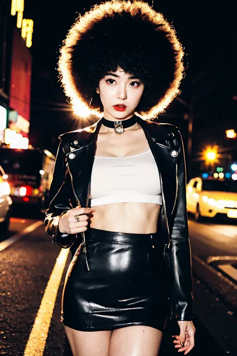 (cinematic aesthetic:1.4) photo of a beautiful korean fashion model bokeh city night with round disco afro wig, tape on breast, ...