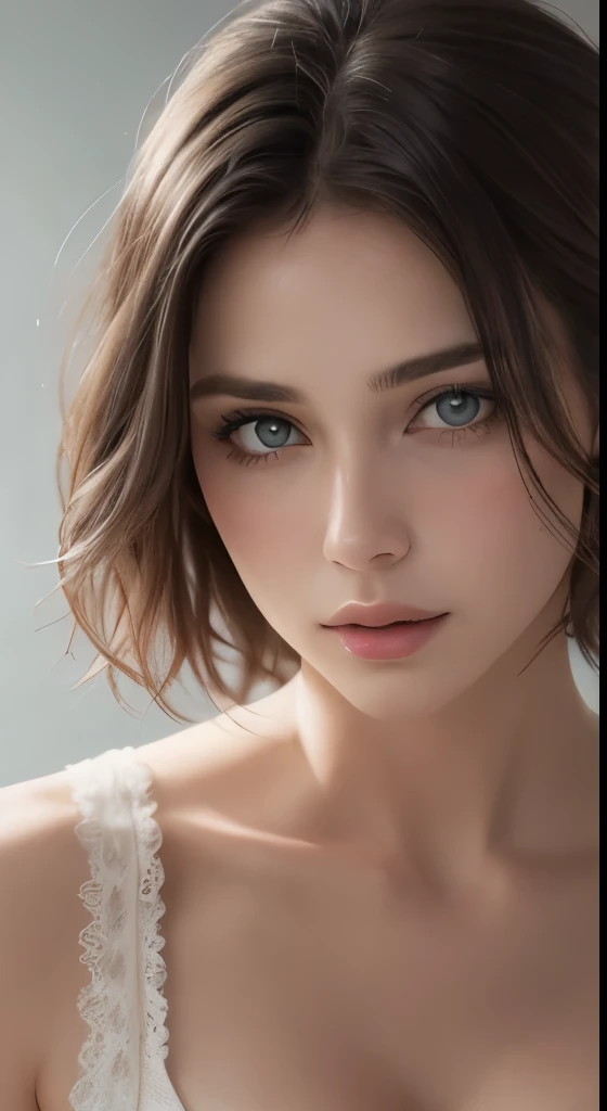 8K uhd、RAWphotograph、モデルphotograph撮影、 European race、(masterpiece、highest quality、Photorealistic、High resolution、photograph:1.3)、Close-up、Focusing、Hot Model、slim、30 year old mature woman、Small face、No makeup、Short Hair、Dark Brown Hair、Fine beautiful eyes、Real Skin、(perfect body)、Sexy hot face、Erotic、Sexual gaze、Detailed beautiful eyes、Glossy lips、Small breasts、Small breasts、Bust B cup、Realistic details、Cool beauty、Cool pose、Background gray、Plain grey background、