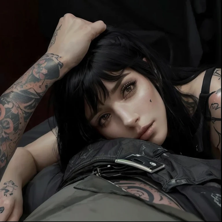 arafed woman with tattoos laying on a bed with a black jacket, hyperrealism artstyle, ultra realistic picture, hyper realistic illustration, hyper-realistic cyberpunk style, hyperrealistic picture, portrait of ultra realistic, cyberpunk style ， hyperrealistic, realistic artwork, seductive tifa lockhart portrait, hyperrealistic illustration, highly detailed portrait, ultra realistic art, beautiful photorealistic imagery