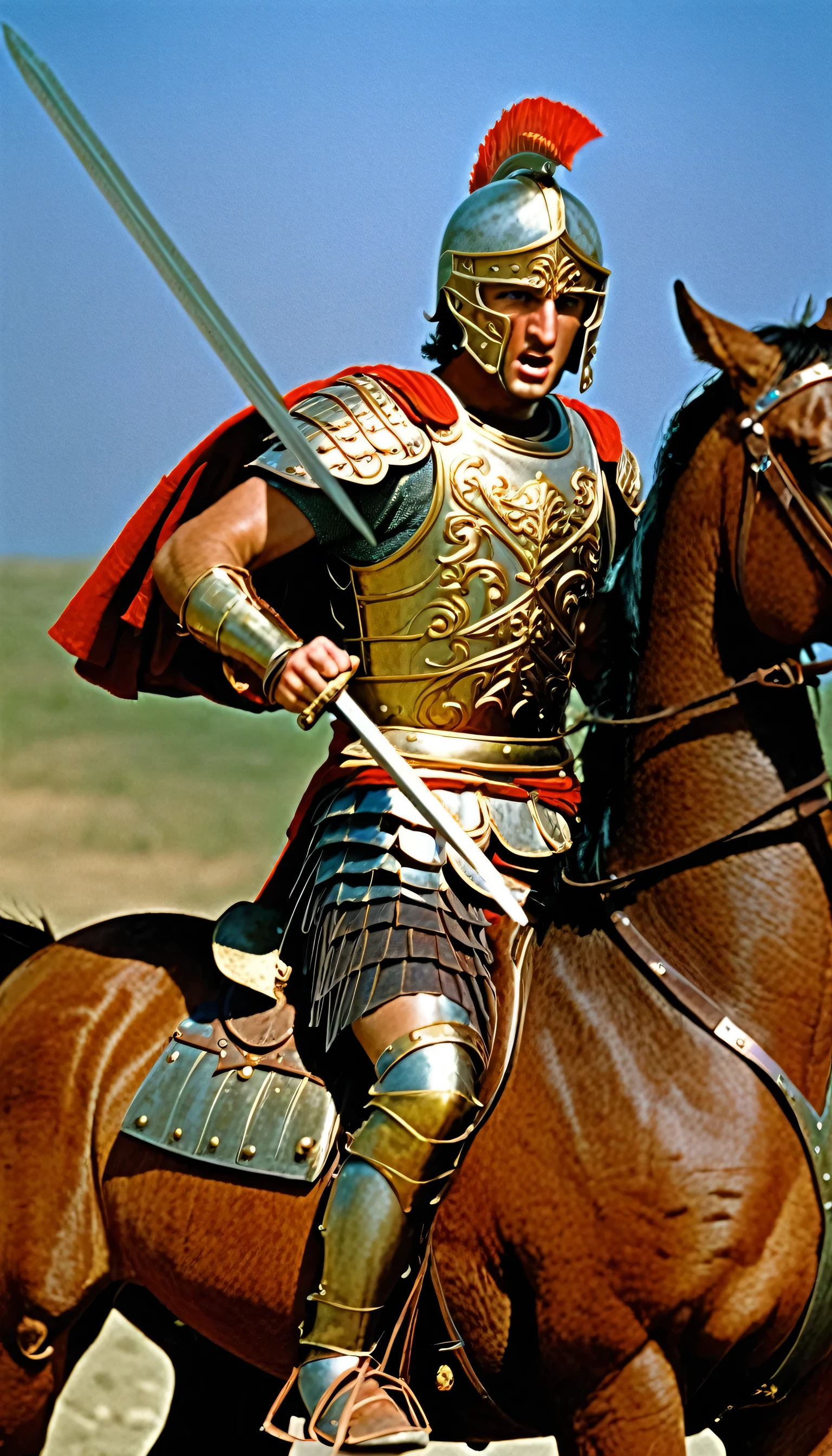 Ancient Greece, Alexander the Great in armor riding a horse, wearing a cuirass and holding a sword, weapon, armor, helmet, shield, sword, male_focus, battle, fighting