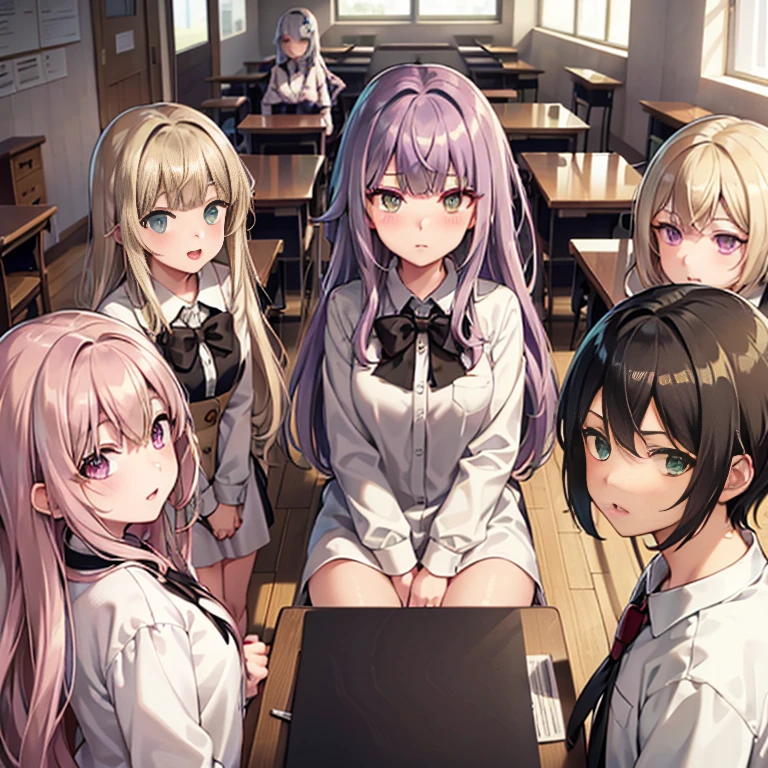 （Seven girls and one boy），（7 girls in a row）,（Brunette color hair, Black-eyed loli，Blonde ，White haired red eyed ，Purple hair and heterochromatic pupils ，Pink Hair, Green Eyes, change）,uniform,Smart,Classroom Background