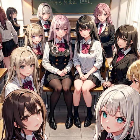 （Seven girls and one boy），（7 girls in a row）,（Brunette color hair, Black-eyed loli，Blonde ，White haired red eyed ，Purple hair an...