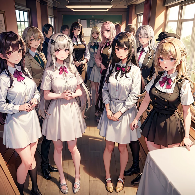 （Seven girls and one boy），（7 girls in a row）,（Brunette color hair, Black-eyed loli，Blonde ，White haired red eyed ，Purple hair and heterochromatic pupils ，Pink Hair, Green Eyes, change）,uniform,Smart,Classroom Background