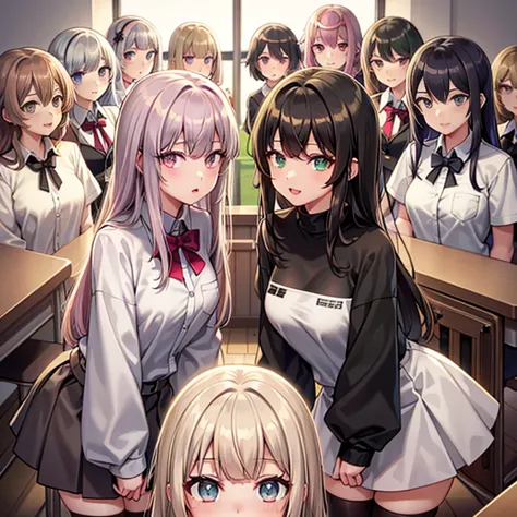 （seven girls and one boy），（7 girls in a row）,（brunette color hair, black-eyed loli，blonde ，white haired red eyed ，purple hair an...