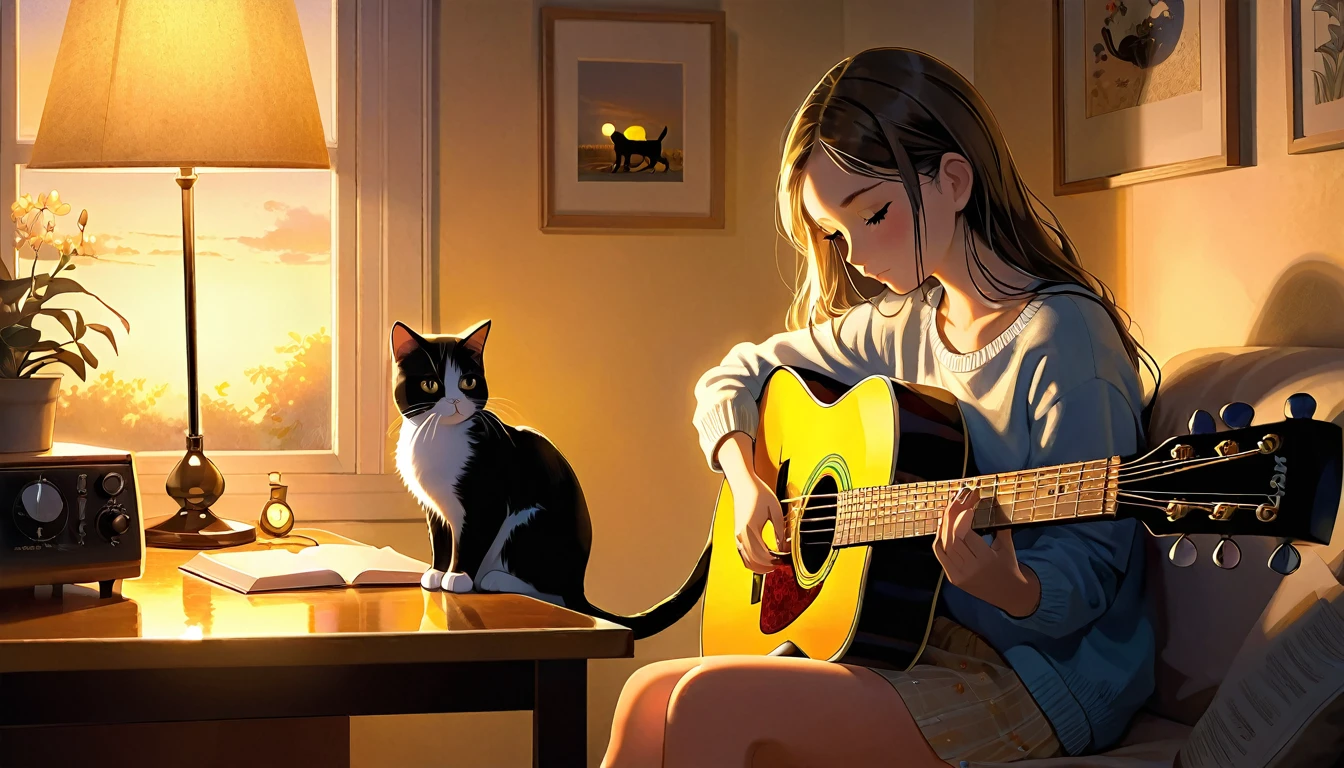 A dusk,
A girl sits in a cozy corner, guitar in tow.
The soft yellow light of a desk lamp illuminates her thoughtful expression, revealing deep concentration and a calm posture.
Her gentle gaze is comforting.
It adds to the quiet evening atmosphere, creating a peaceful and tranquil look,with cat.
