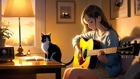 a dusk,
a girl sits in a cozy corner, guitar in tow.
the soft yellow light of a desk lamp illuminates her thoughtful expression,...