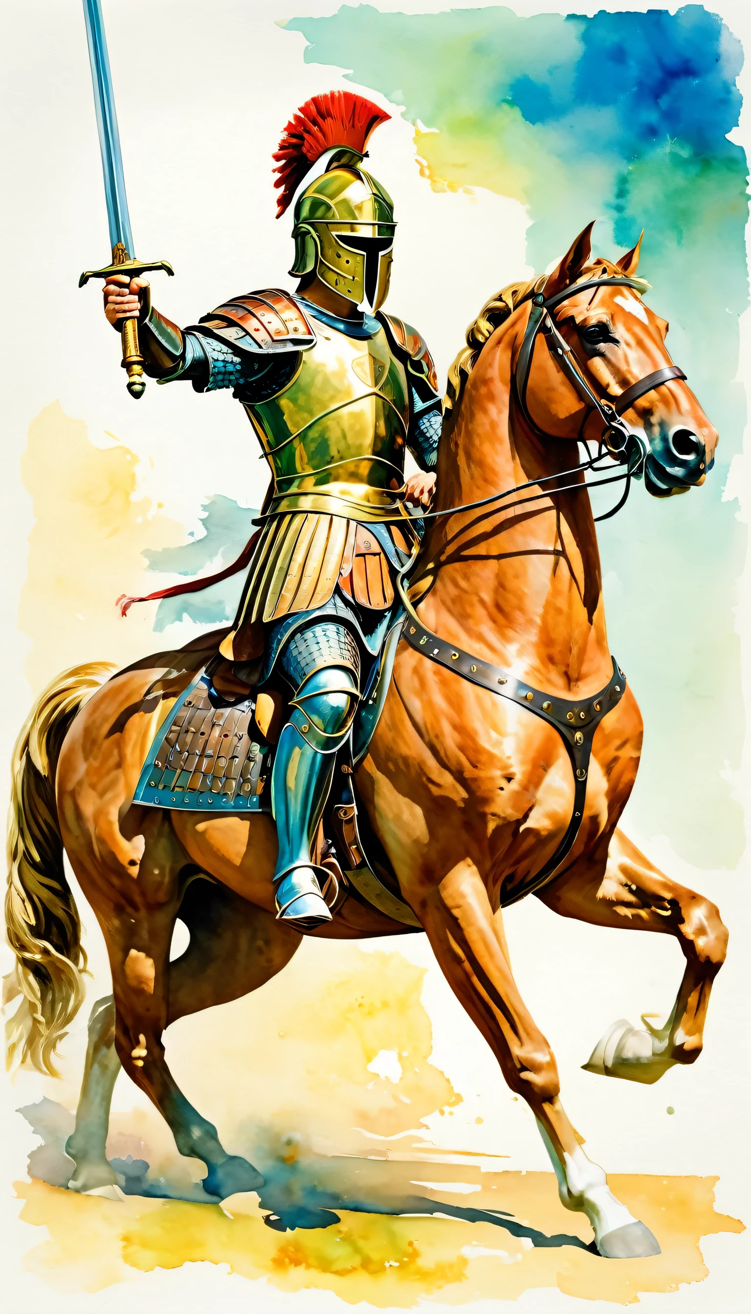 Ancient Greece, Alexander the Great in armor riding a horse, wearing a cuirass and holding a sword, weapon, armor, helmet, shield, sword, male_focus, battle, fighting, modern art, painting, drawing, watercolor, psychedelic colors