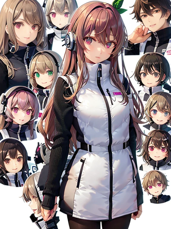 （Seven girls and one boy），（7 girls in a row）,（Brunette color hair, Black-eyed ，Blonde ，White haired red eyed ，Purple hair and heterochromatic pupils ，Pink Hair, Green Eyes, change）,(astrovest):3,headphones,Smart,futuristic space Classroom Background