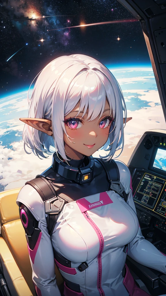 One elf girl, dark skin, golden colored contacts, beautiful silver hair, bob hair, pointed ears, pink lips, sitting in a robot cockpit, outer space, white shiny pilot suit, beautiful body line, upper body depiction, looks at the viewer, smiles kindly,