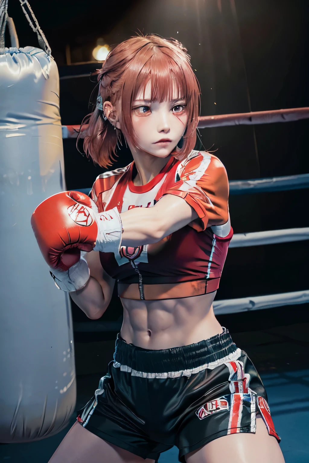 (Top Quality, High Resolution: 1.2), Super Detailed, Photorealistic: Red Eyed Girl, Red Hair, Glowing Eyes, (Fierce, Detailed) Description, Realistic Touch, Anime Style, Trained Body, (Abs) , figure style, tight training clothes, fighting face, punching with boxing gloves on a punching bag.