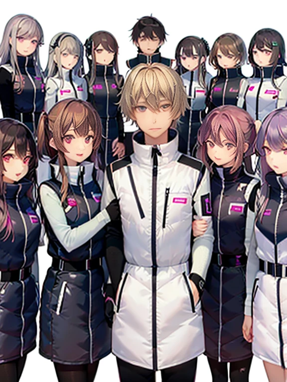 （Seven girls and one boy），（7 girls in a row）,（Brunette color hair, Black-eyed ，Blonde ，White haired red eyed ，Purple hair and heterochromatic pupils ，Pink Hair, Green Eyes, change）,(astrovest):3,headphones,Smart,futuristic space Classroom Background