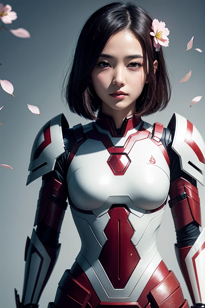 Beautiful Japan young woman, wearing the armor of iron man, Thick symmetry features, Very short hair, Background with cherry blossoms, pink halo, Red lips, Octane Rendering,