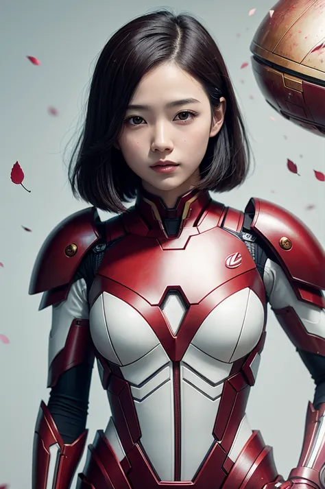 beautiful japan young woman, wearing the armor of iron man, thick symmetry features, very short hair, background with cherry blo...