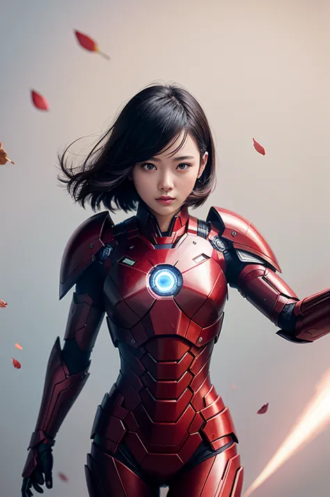 beautiful japan young woman, wearing the armor of iron man, thick symmetry features, very short hair, background with cherry blo...