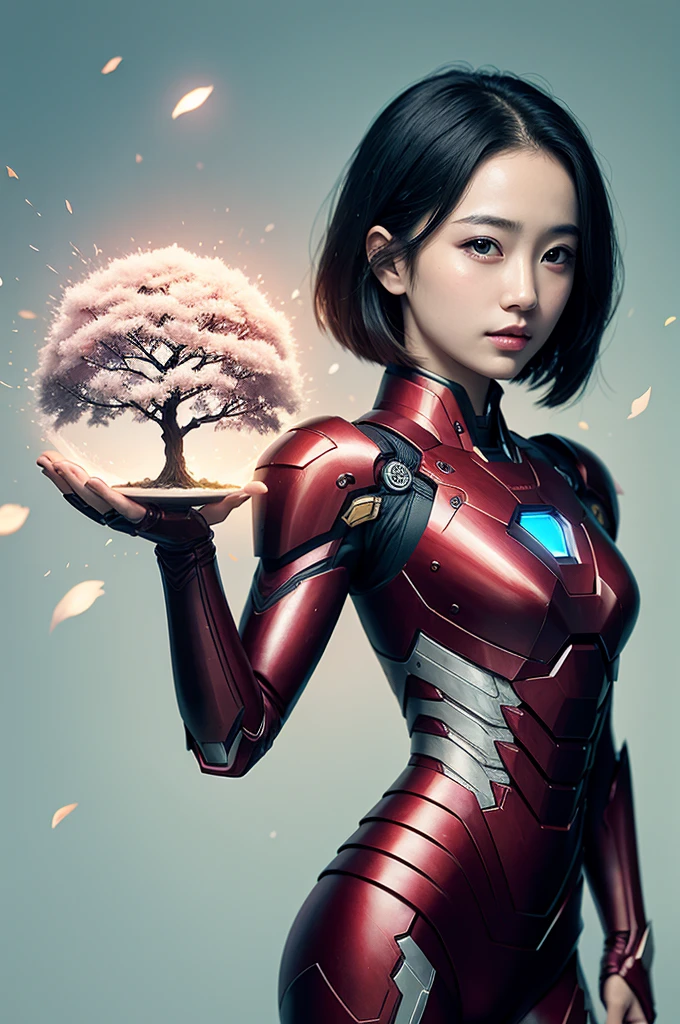 Beautiful Japan young woman, wearing the armor of iron man, Thick symmetry features, Very short hair, Background with cherry blossoms, pink halo, Red lips, Octane Rendering,