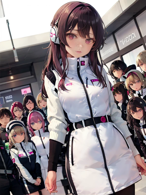 （Seven girls and one boy），（7 girls in a row）,（Brunette color hair, Black-eyed ，Blonde ，White haired red eyed ，Purple hair and heterochromatic pupils ，Pink Hair, Green Eyes, change）,(astrovest):3,headphones,Smart,futuristic space Classroom Background