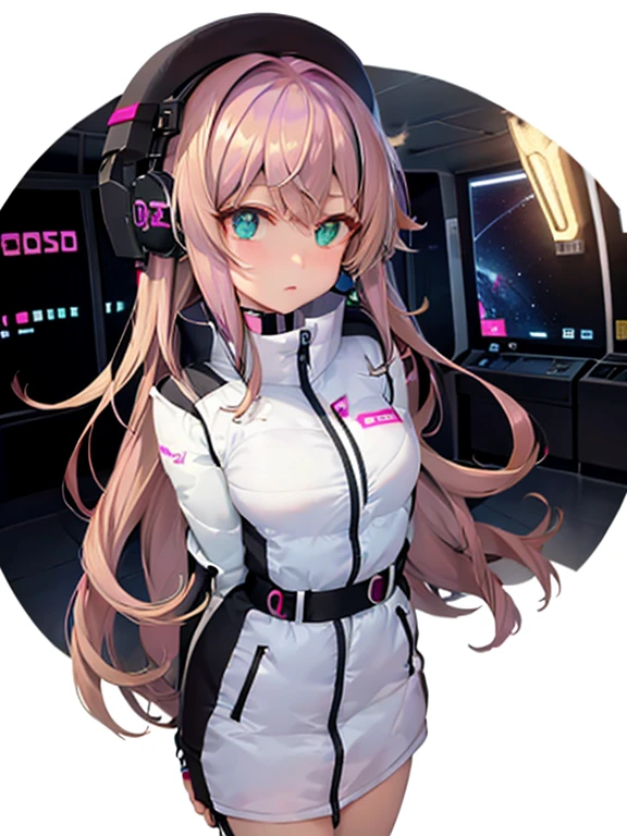 （Seven girls and one boy），（7 girls in a row）,（Brunette color hair, Black-eyed ，Blonde ，White haired red eyed ，Purple hair and heterochromatic pupils ，Pink Hair, Green Eyes, change）,(astrovest):3,headphones,Smart,futuristic space Classroom Background,BREAK inside spaceship room