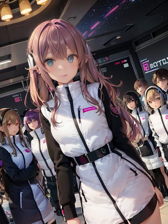 （Seven girls and one boy），（7 girls in a row）,（Brunette color hair, Black-eyed ，Blonde ，White haired red eyed ，Purple hair and heterochromatic pupils ，Pink Hair, Green Eyes, change）,(astrovest):3,headphones,Smart,futuristic space Classroom Background,BREAK inside spaceship room