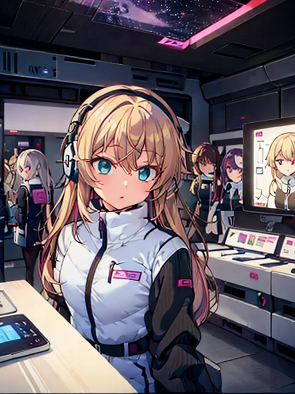 （Seven girls and one boy），（7 girls in a row）,（Brunette color hair, Black-eyed ，Blonde ，White haired red eyed ，Purple hair and heterochromatic pupils ，Pink Hair, Green Eyes, change）,(astrovest):3,headphones,Smart,futuristic space Classroom Background,BREAK inside spaceship room