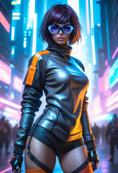 techwear fashion in the style of artgerm, cyberpunk style, 1woman, velma, cyberpunk clothing, female focus, city,cyberpunk backg...